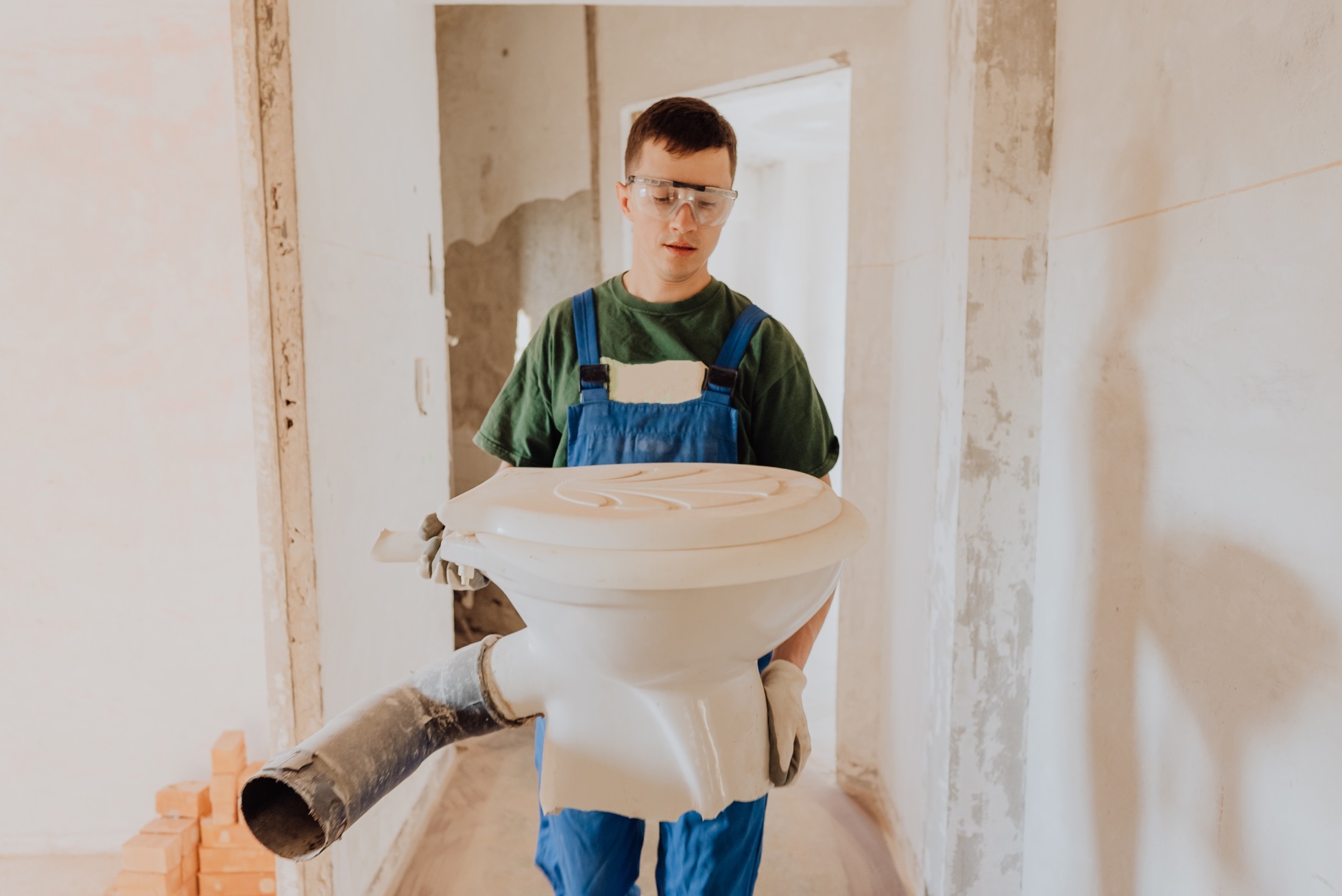 Plumber carrying toilet for replacement